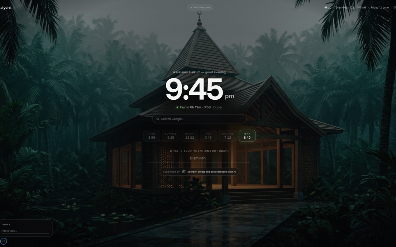 The Alychi new tab showing the next prayer countdown, prayer times, a clock and a daily intention field
